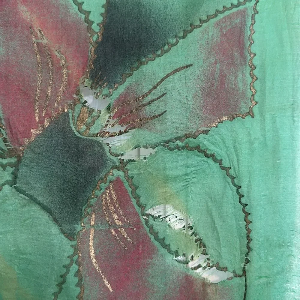 Vtg Brico  5 1/2 Momme green silk artsilk scarf painted‎ with butterflies- AS IS